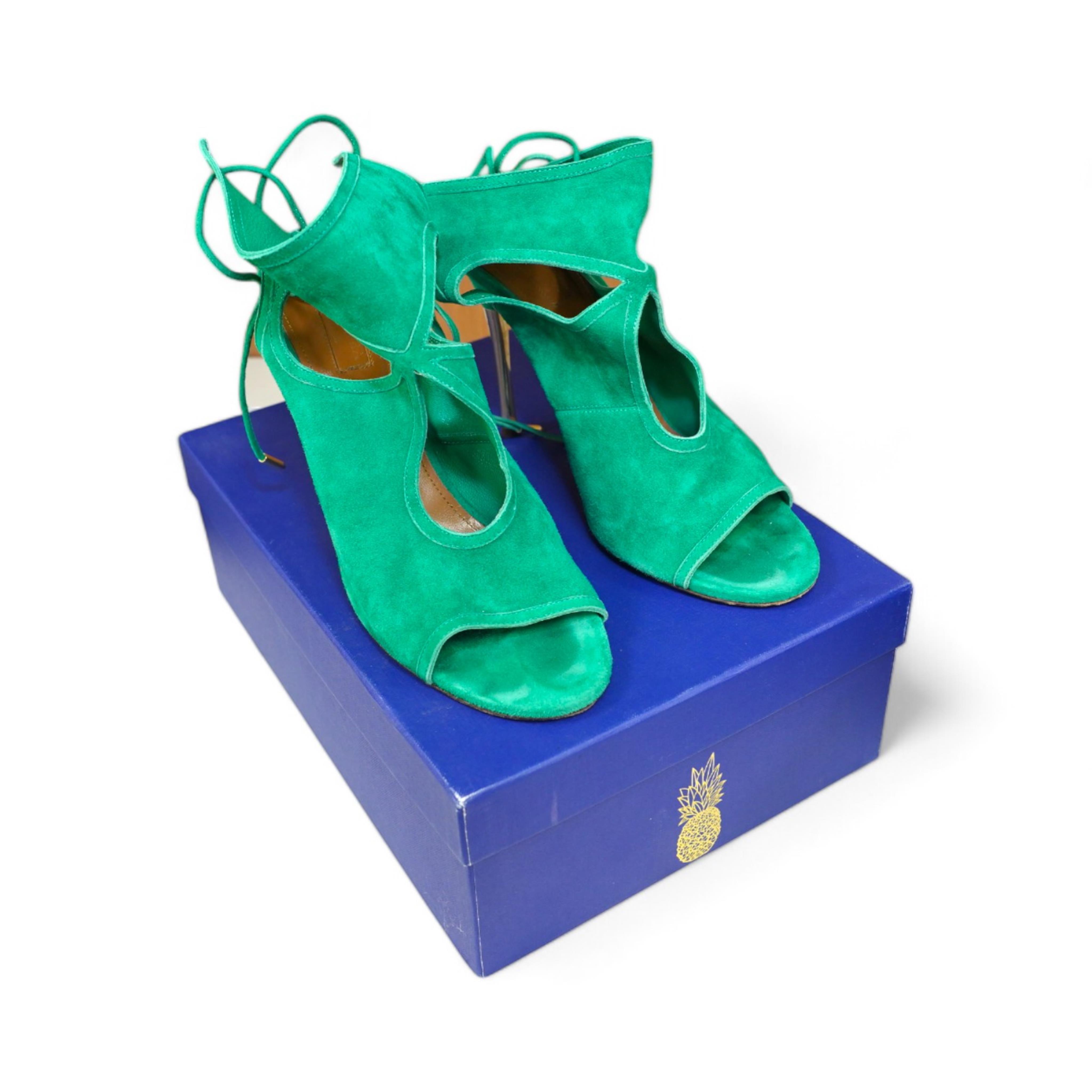 A pair of Aquazzura emerald suede open toe heels, in original box, size 41